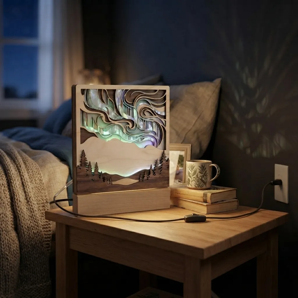 Wooden Night Light Aurora Borealis Home Decor